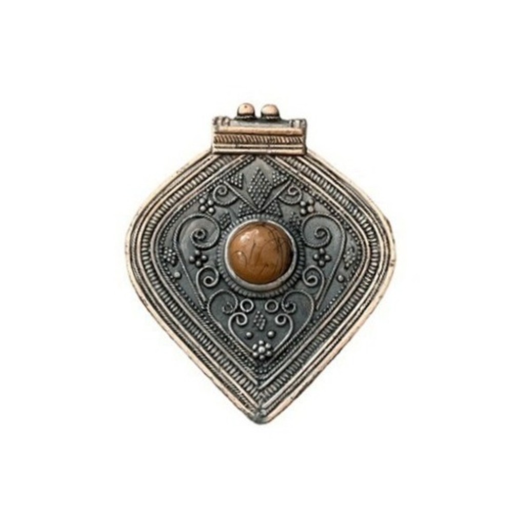 Vintage Bronze‎ Metal Pendent Brown Marble Center Stone Statement Necklace